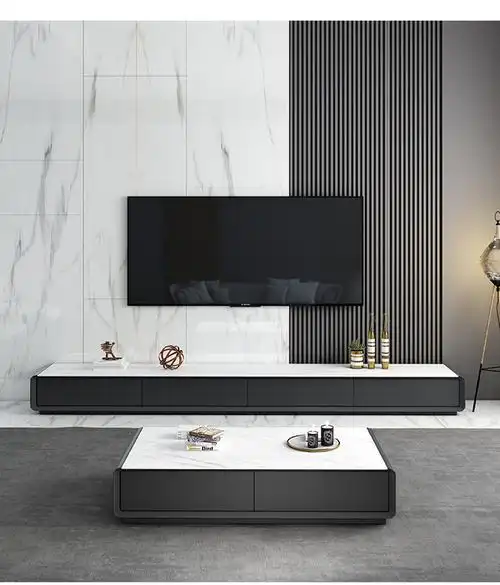 地台电视柜北欧岩板电视柜茶几组合现代客厅轻奢胡桃木色电视机柜3米