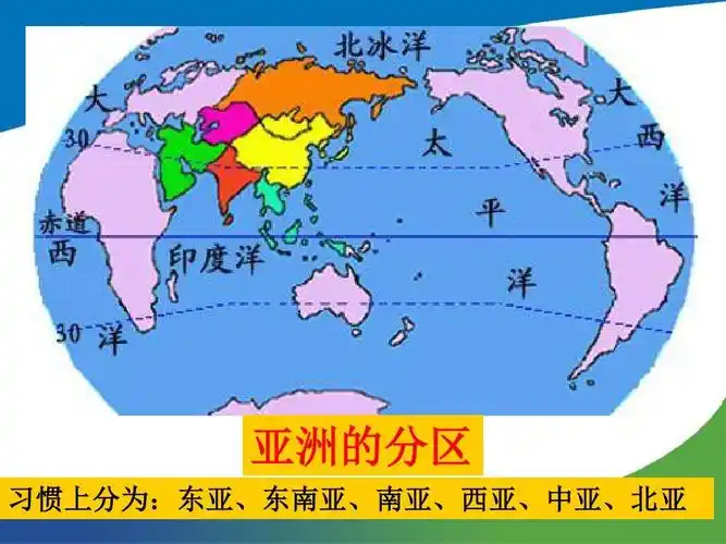 亚洲的分区 习惯上分为:东亚,东南亚,南亚,西亚,中亚,北亚
