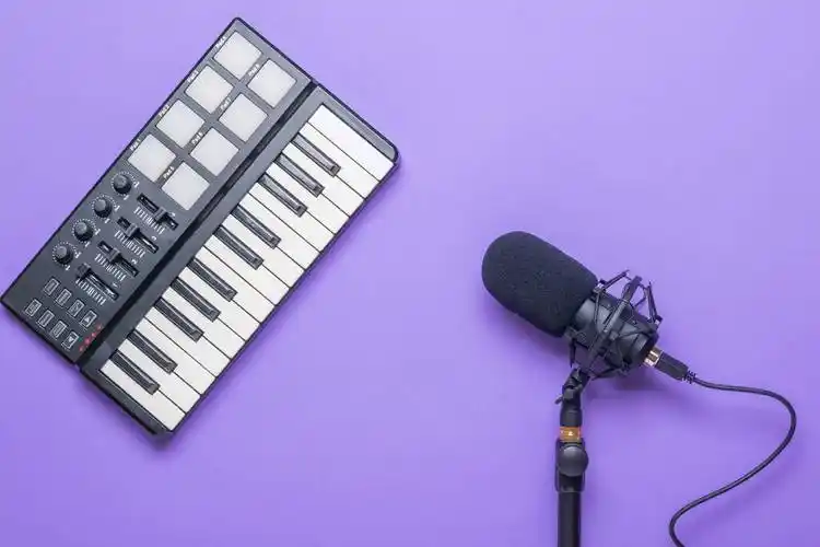 紫色背景的冷凝器话筒和音乐混合.