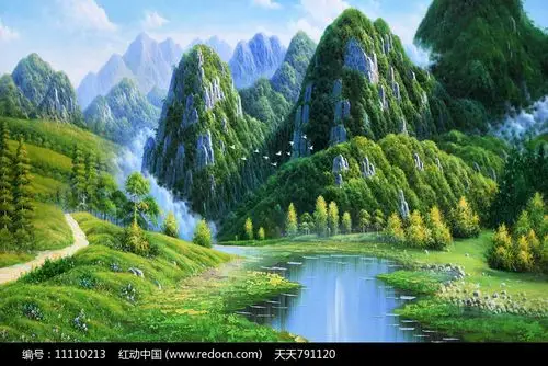 纯手绘青山绿水风景油画背景墙