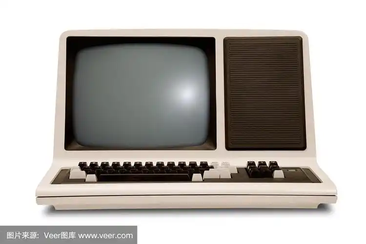 老式电脑,圆形显示器,键盘,80年代复古,白色背景