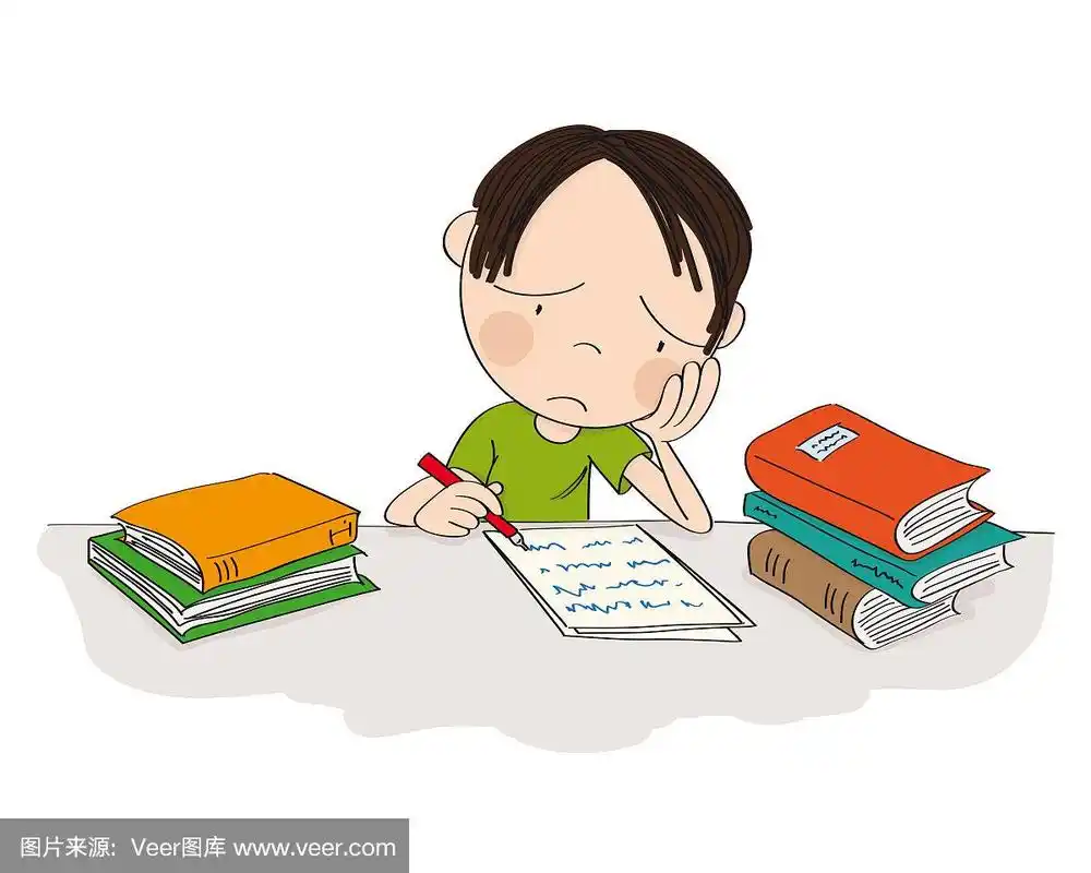 不开心和疲惫的男孩准备学校考试,写作业,感到悲伤和无聊-原始手绘