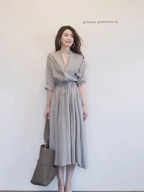 复古气质女神舒适冰麻衬衫连衣裙新款气场高贵长款