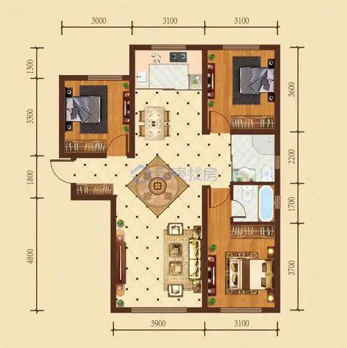 【方兴·山屿湖_包头方兴·山屿湖楼盘】三居室户型图|3室2厅1厨2卫建