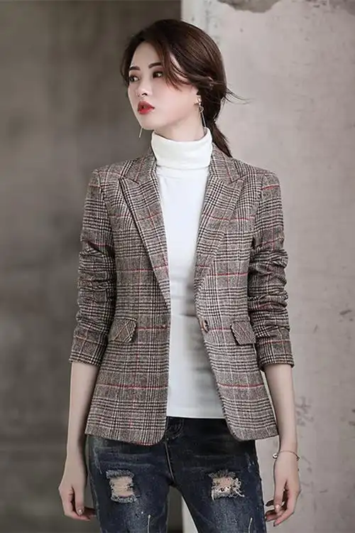 西装外套女韩版修身小个子春2021新款港风格子加大码西服上衣