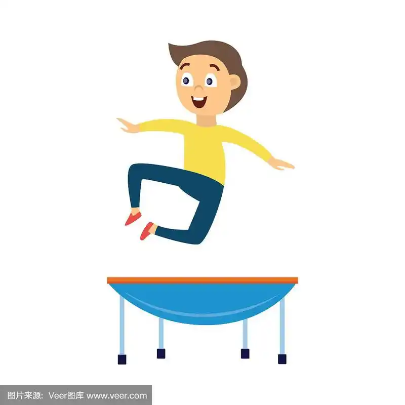 卡通男孩在蓝色的小蹦床上跳得很高