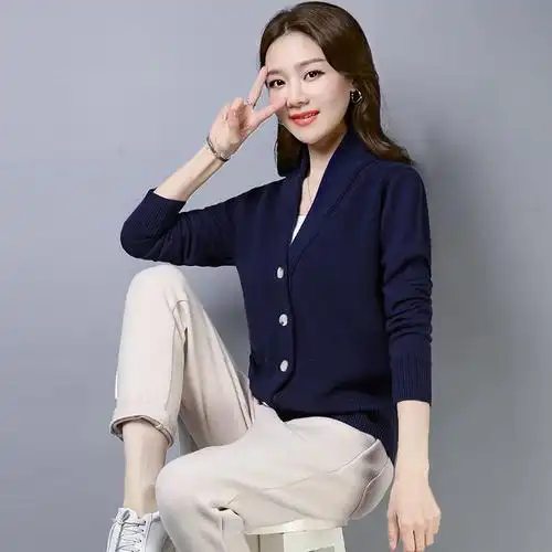 春秋款外搭针织v领开衫纯色休闲长袖外套毛衣女装显瘦针织衫短款