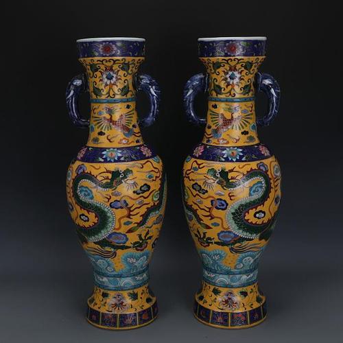 元代景泰蓝掐丝珐琅彩龙凤纹象耳瓶官窑文物古瓷器古玩古董收藏