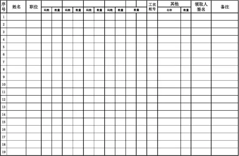 表格包含:姓名,职位,物品码数,数量,更衣柜号码.