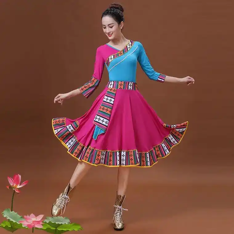 新款藏族舞蹈服女长袖跳舞服少数民族演出服.