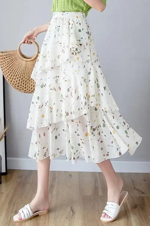 夏季新款韩版宽松显瘦雪纺碎花a字裙子女ins半身裙荷叶边长裙