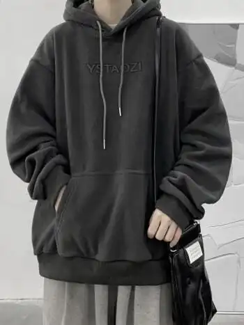 新款日系慵懒风卫衣重磅男款冬季纯棉连帽上衣古着秋冬款外套深灰色m