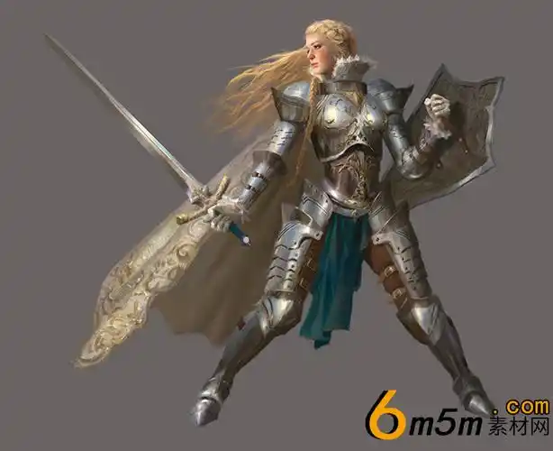 手握军刀护盾的的金发铠甲女骑士高清游戏原画分享