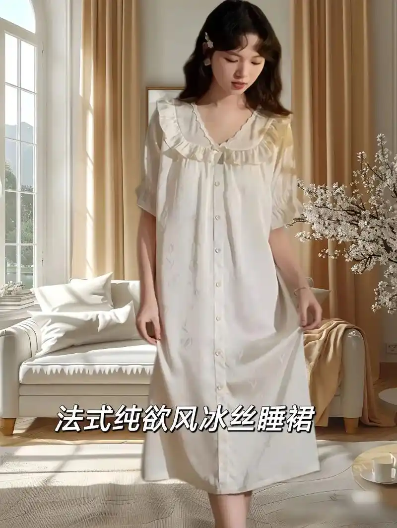 冰丝睡裙 款带胸垫睡衣女夏季夏天薄款短袖法式欲风夏季睡裙荷叶花边v