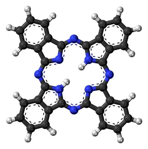 酞菁分子结构图,其分子式为c32h18n8 ,其中蓝色小球为氮原子,黑色小球