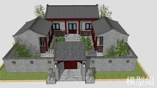 中式四合院建筑民居民房su模型下载sketchup草图大师skp模型