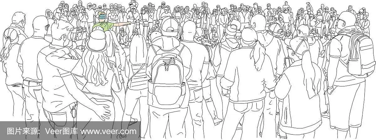 手绘插图.一群人围成一圈看街头表演者.