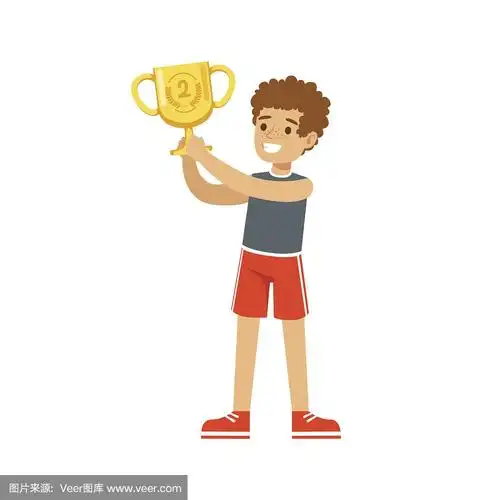 年轻的运动员男孩拿着优胜杯,孩子庆祝他的第二名卡通矢量插图