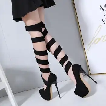 2018新款欧美时尚凉靴圆头绑带罗马风细跟高跟鞋16cm恨天高单鞋 黑色