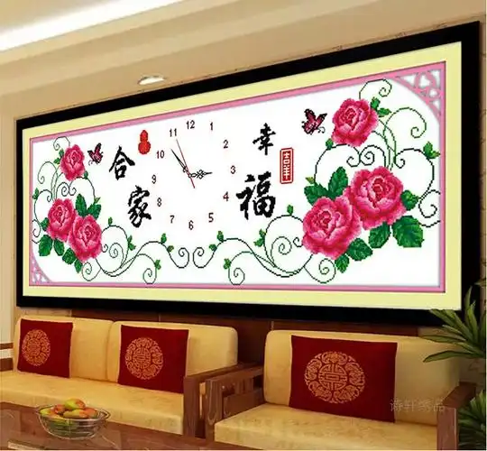 钟表十字绣全珠绣合家幸福2021新款客厅玫瑰花彩珠绣珠子绣串珠绣