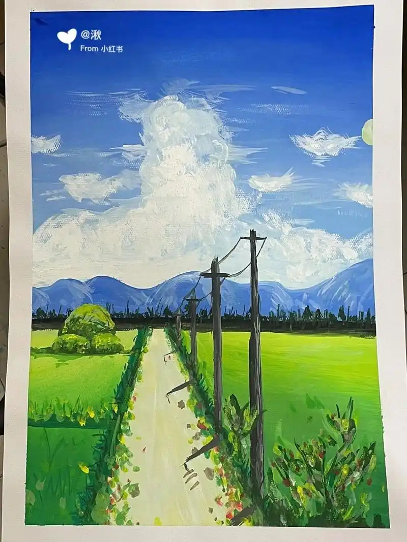 水粉风景画《空野》蓝天白云绿草地