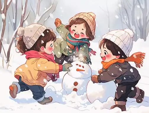 冬天雪天小孩堆雪人玩耍开心笑插画冬日治愈插画儿童插画幼儿园教育日