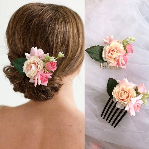 发插梳日韩甜美新娘盘发饰品玫瑰头花发梳结婚影楼写真花朵配饰女