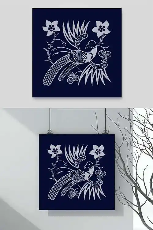 典雅花朵鸟苗族蜡染图案矢量素材