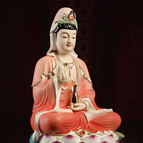 七珍陶瓷彩绘坐莲大观观音佛像观世音菩萨家用摆件