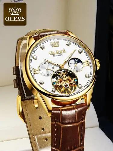 瑞士欧利时飞轮正品手表男士机械表真皮镂空月相国产腕表