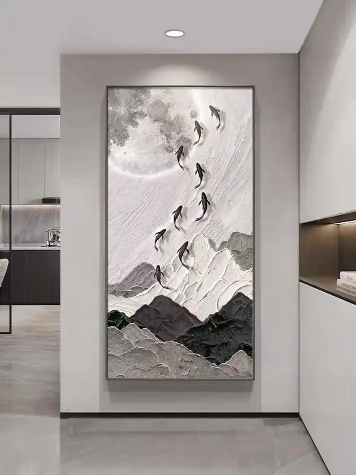 九鱼图现代简约抽象高级感客厅玄关装饰画