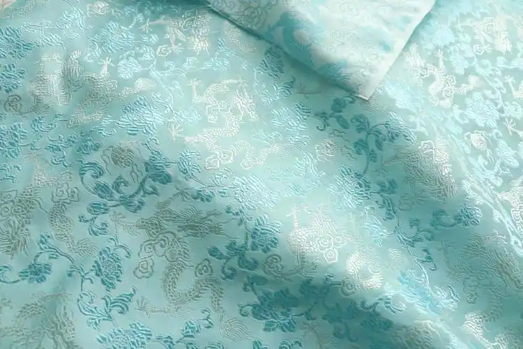 手工青色古装汉服唐装旗袍服装面料龙纹提花锦缎海绵垫