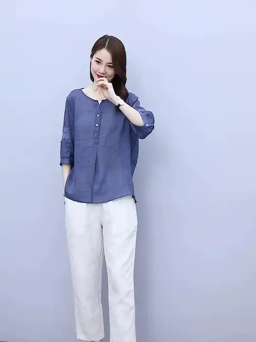 棉麻休闲套装女夏季2022年新款女装洋气减龄小个子妈妈时尚两件套