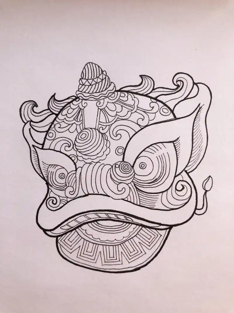 瑞兽醒狮|国风黑白画附过程图 没出正月就是年,画个萌萌哒舞狮吧 最近