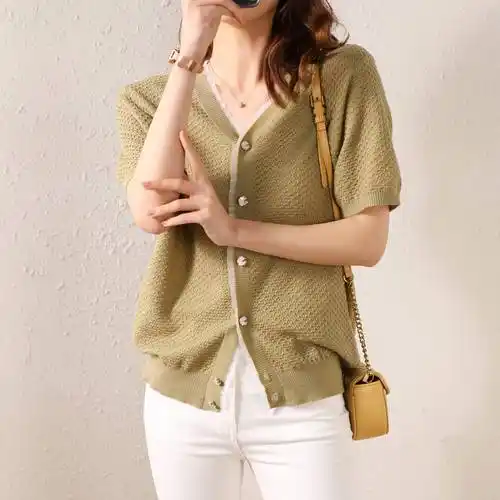 2021春夏女装新款~单排扣v领可开可套欧根纱花边短袖针织开衫上衣