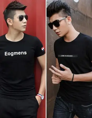 莫代尔短袖t恤男士夏季潮流衣服圆领黑色修身打底衫半袖体恤 2件094