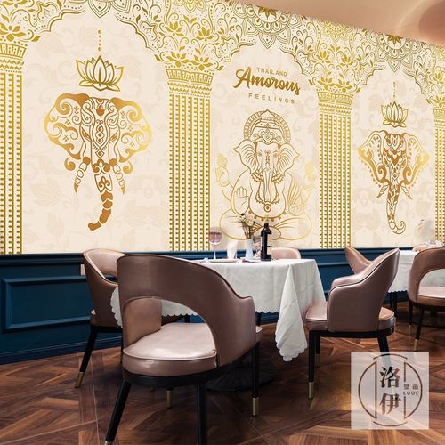 泰式东南亚风格装修墙纸泰国风情印度瑜伽养生馆按摩店装饰壁画纸