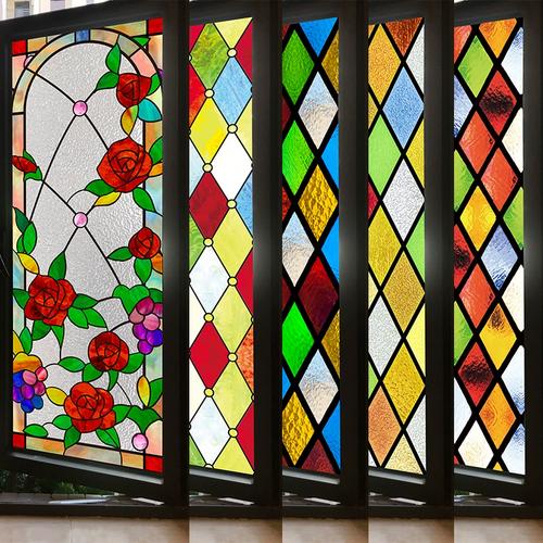 自粘窗花纸复古美式彩色玻璃贴纸浴室贴膜窗户贴纸透光不透明欧式