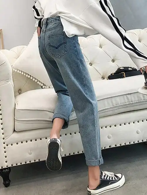 春季新款韩版宽松阔腿直筒牛仔裤女高腰复古简约哈伦裤学生怪味少女bf