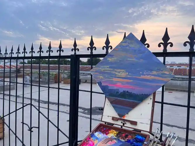 这次换菱形构图画了张晚霞油画风景写生