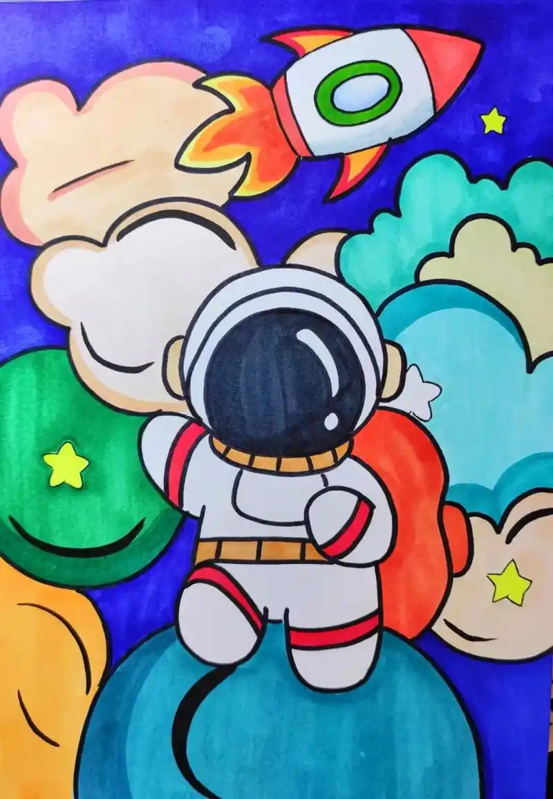 儿童太空科技宇宙创意绘画小学生马克笔绘画