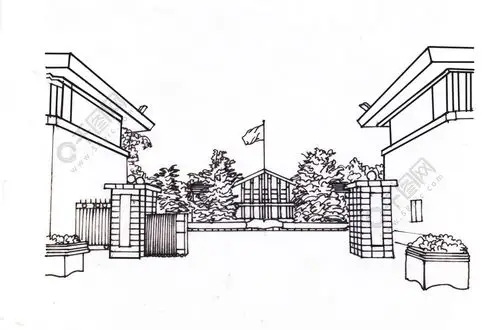 纯黑白线条图场景大门口红旗矢量模板免费下载_ai格式