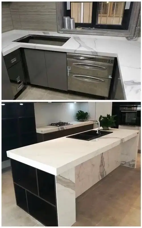 开放式厨房 岩板厨房台面定制鱼肚白厨房橱柜灶台石英石人造石大理石