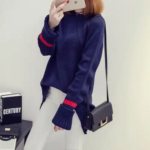 实拍秋季韩版宽松撞色慵懒毛衣女套头学生中长款长袖上衣潮