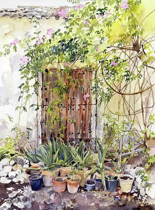 德国水彩画家elkememmler笔下的花园和建筑风景