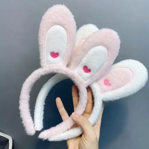 b079-2毛绒可爱小兔子发箍 少女爱心刺绣兔耳朵头箍女孩卖萌发饰