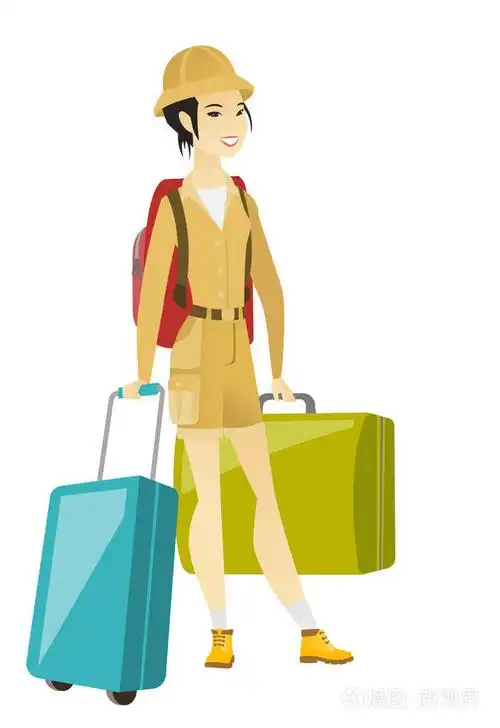 年轻的亚洲女性旅客以许多箱子