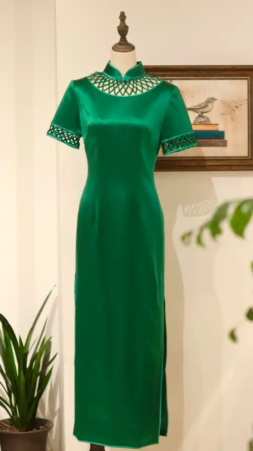 吴缝天衣高端定制手工苏派长款真丝连衣裙复古旗袍