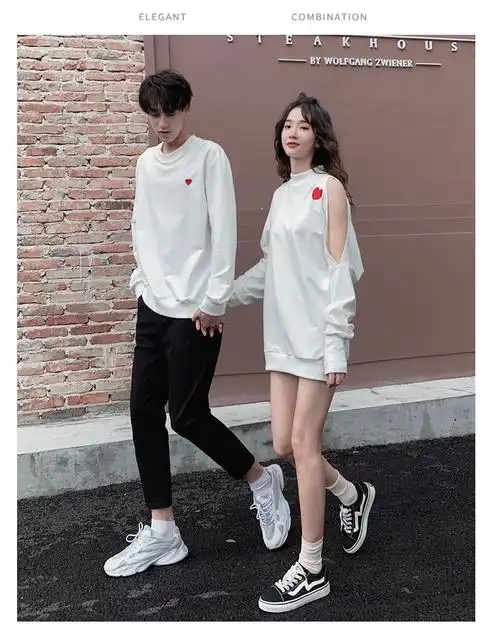 休闲套装女装春夏新款情侣装套装春季韩版休闲宽松男女百搭露肩卫衣恤