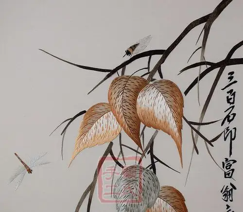 46*106顾氏苏绣花鸟,知了,4丝工艺刺绣条屏花鸟